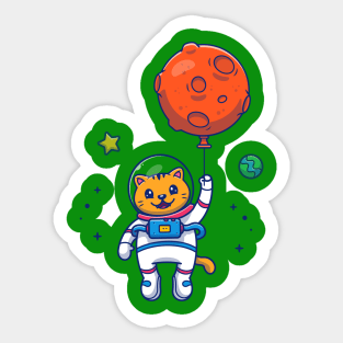 Cute Cat Astronaut Holding Planet Balloon In space Cartoon Sticker